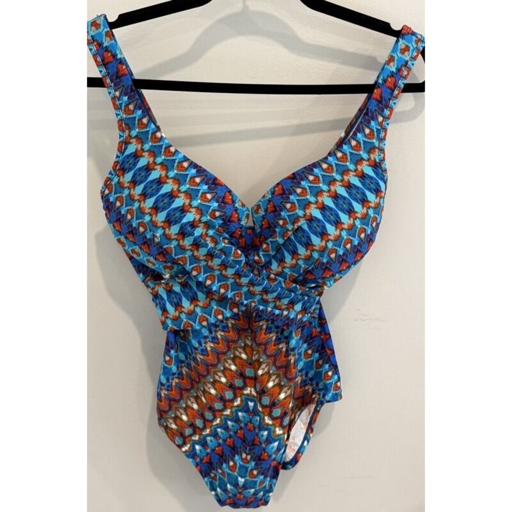 Miraclesuit Escape One Piece Swimsuit Orange Blue Ikat Print Size 12